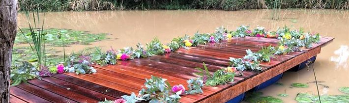 Work in progress on setting up the ceremony site on the pontoon